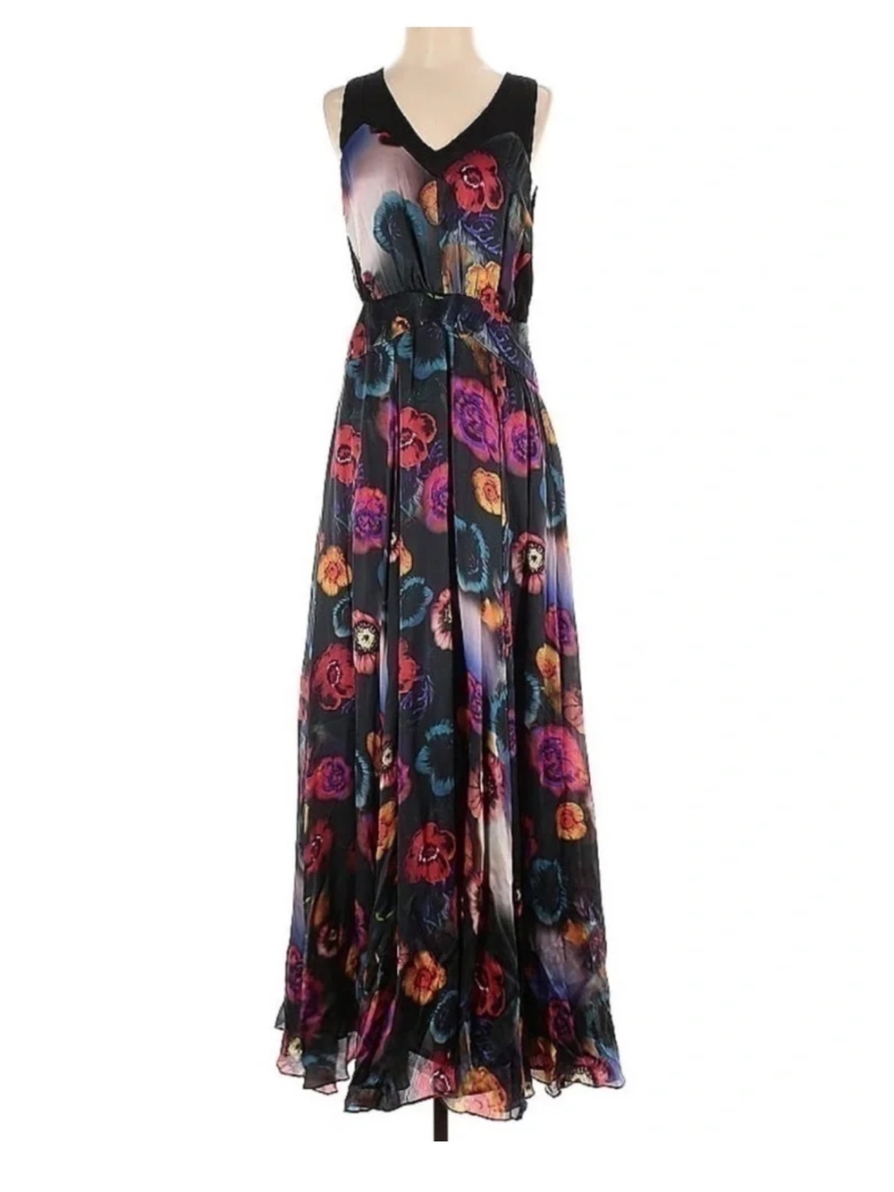 leifsdottir Black Maxi Dress with Multicolor Floral Print size 2 100%silk dress
